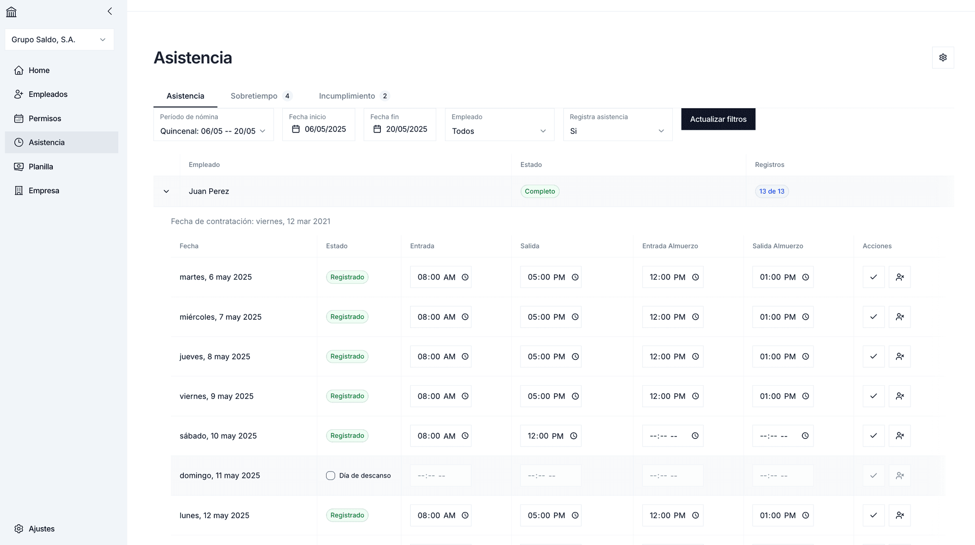 Vista de asistencia en Saldo