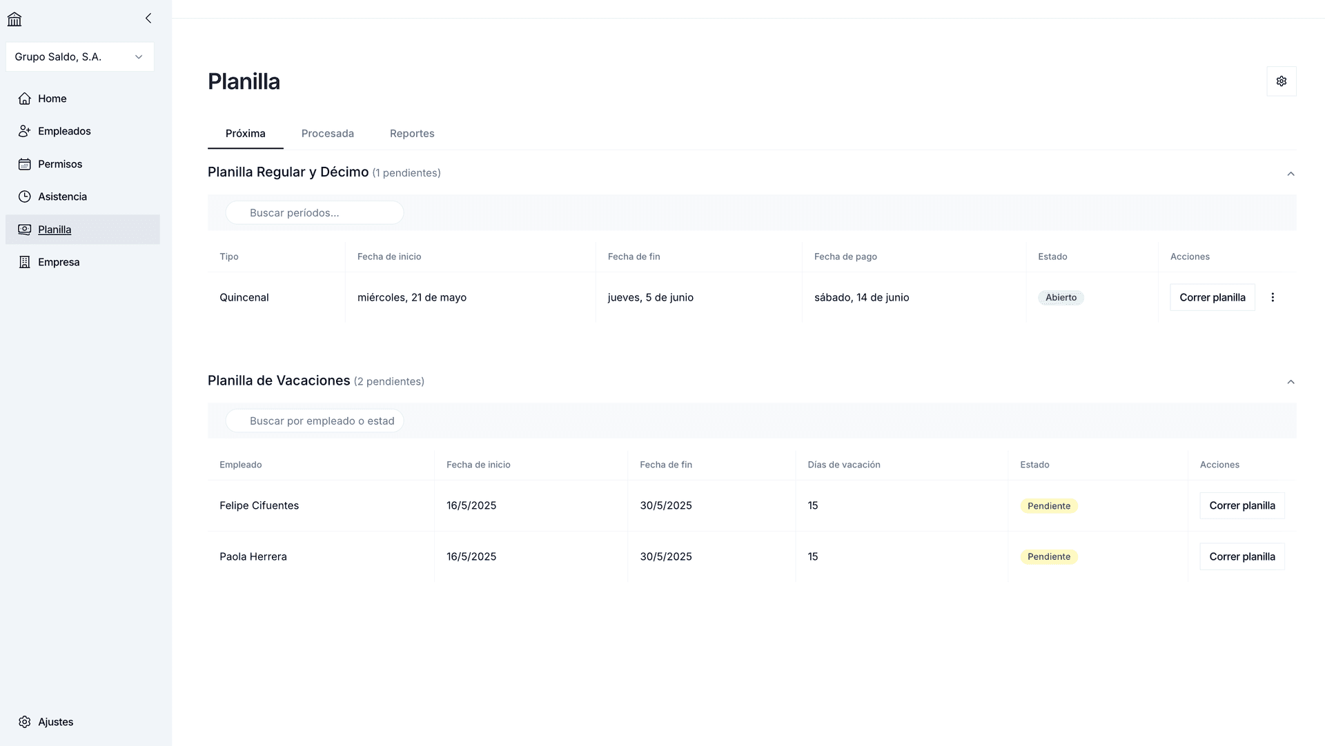 Vista de procesamiento de planilla en Saldo